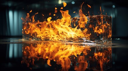  a close up of a glass of water with fire in the middle of the glass and the reflection of the glass on the floor.