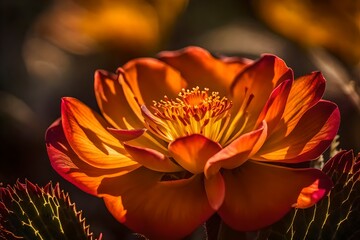 orange flower on a black background, A succulent Rock rose closeup, its delicate petals glistening with morning dew