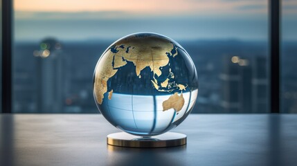  a glass globe sitting on a table in front of a window with a view of the city of a city.
