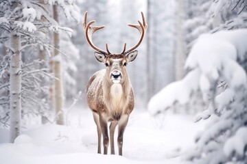 A young deer in the winter forest looks directly into the camera. Beautiful winter landscape with deer.