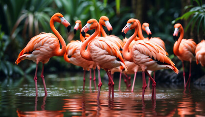 A group of Famingos in a tropical body of water.