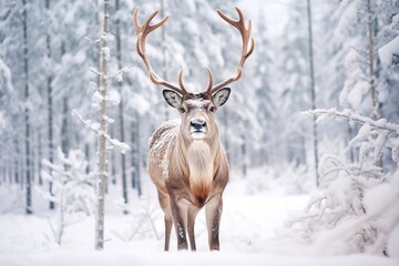 Majestic male deer in snowy forest. Winter landscape with deer.