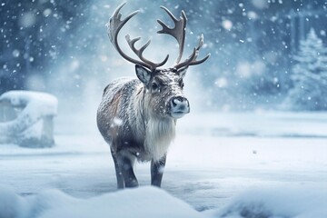 Reindeer in the winter forest. Animals in the snow.