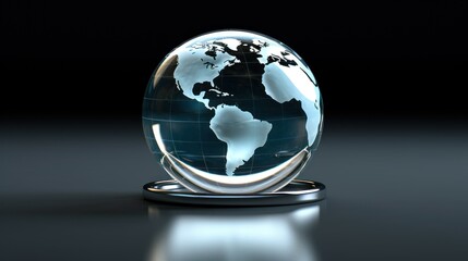  a glass globe sitting on top of a metal stand with a reflection of the map of the world on it.