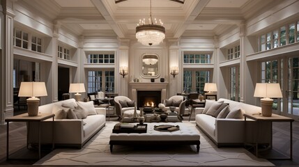 A spacious living room with an elegant coffered ceiling featuring intricate molding and concealed lighting. - obrazy, fototapety, plakaty
