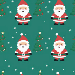 A seamless pattern with Santa Claus and Christmas trees on green background