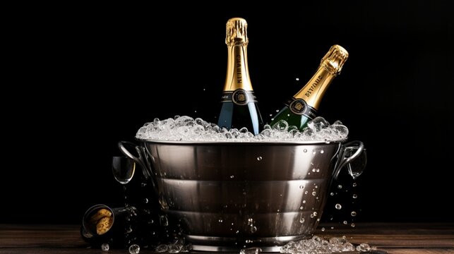 A sparkling New Year's champagne bottle chilling in a bucket, awaiting the pop of the cork to kick off the celebration.