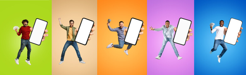 Cheerful excited young diverse men show big smartphone with empty screen, many dollars