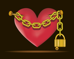 A heart chained by a golden chain. 3d, vector image.