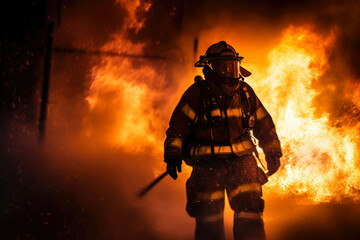 Fototapeta premium Night Blaze: Fireman's Heroic