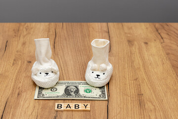 Tiny baby socks on a table with dollar-denominated bills spread out. 
The concept of the impending birth of a child and care for the state in the form of social 500 plus