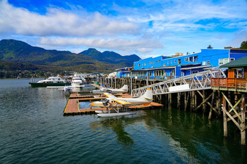 Seaplane moored in the waters of the Gastineau Channel in downtown Juneau - Floating pontoon...