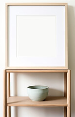 Mockup of a blank classic wooden frame for a photo or painting in a minimalist interior by the wall, cute flowerpot. Template for photo montage.