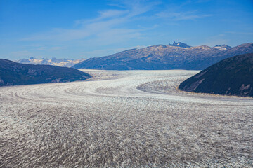 Aerial view of the glaciers located along the Taku Inlet, which are part of the Juneau Icefield in...