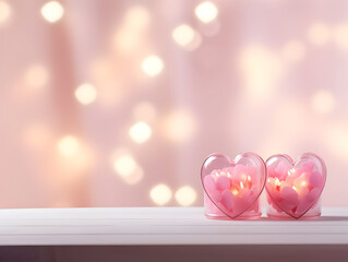 Pink mock up scene background with blurry lights and hearts