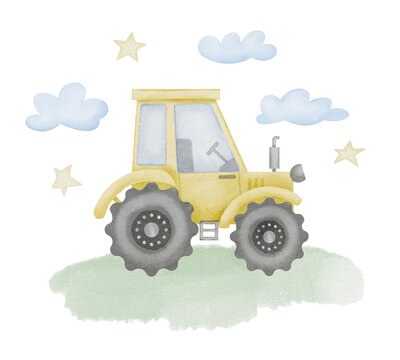 Tractor Watercolor illustration. Hand drawn clipart of baby toy on isolated background. Truck drawing for prints on a boys t-shirt. Agrimotor car sketch for wall art stickers and greeting cards.