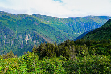 Fototapeta na wymiar Wild mountainous landscape seen from Mount Roberts above Juneau, the capital city of Alaska, USA