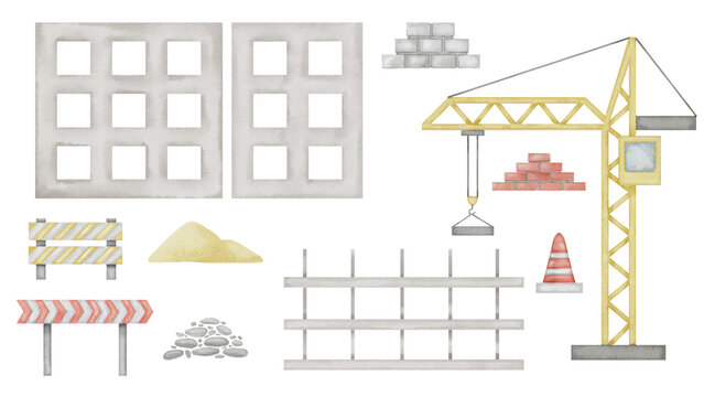 Construction clip art Set Watercolor illustration. Hand drawn building materials on isolated background. Lifting crane and house frame drawing. Bundle of design element in sketch style.