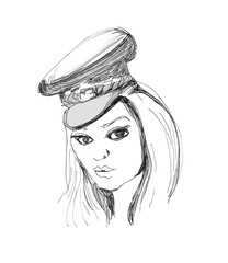 A girl in a military cap. A pensive woman.Ink drawing. A piercing look.