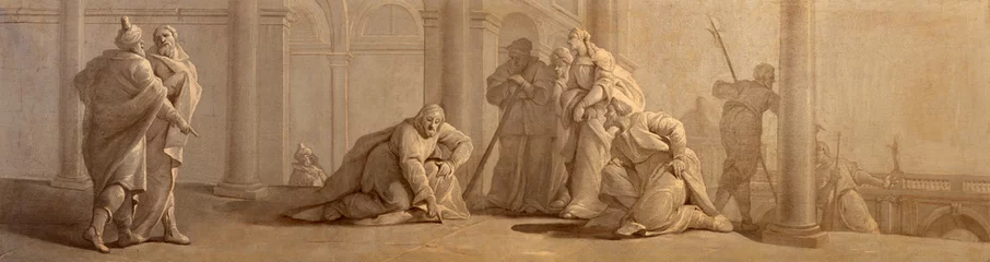 Gartenposter TREVISO, ITALY - NOVEMBER 4, 2023: The monochrome baroque painting  of  Jesus writing in the sand and sinfull woman in the church Chiesa di San Gaetano by unknown artist. © Renáta Sedmáková