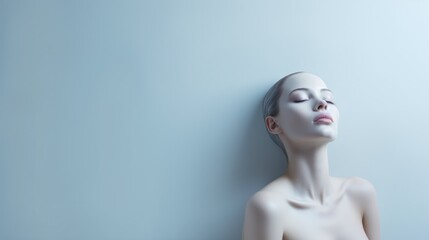 a female mannequin is posed against a blue wall with her eyes closed and her head resting on the wall.