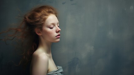  a woman with red hair in a gray dress with her eyes closed and her eyes closed to the side of her head.