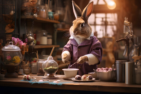 Easter Bunny Making Chocolate Eggs In A Whimsical Workshop.