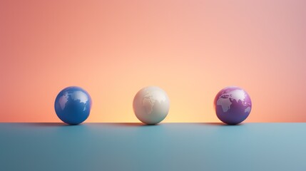  a group of three eggs sitting next to each other on top of a blue and pink surface with a map of the world in between them.
