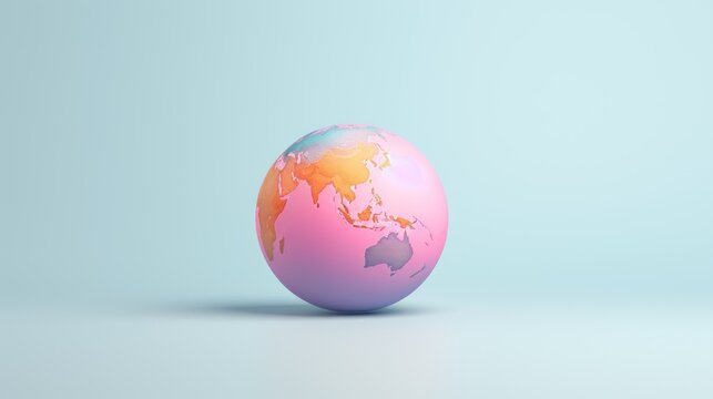  a pink and blue egg with a map of the world painted on it's side on a light blue background.