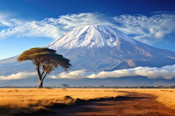 Kilimanjaro mount background in National park. Safari landscape, Tanzania Africa. Generative ai - obrazy, fototapety, plakaty