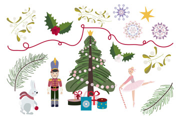 Christmas elements set: ballerina, toy soldier, tree, gift, pine branch, snowflakes, holly, mistletoe. Vector isolated elements on white background.