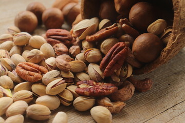 Nuts in assortment delicious and healthy close-up, healthy snack