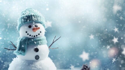  a snowman wearing a blue hat and scarf with a pine cone in the foreground and snow flakes in the background.