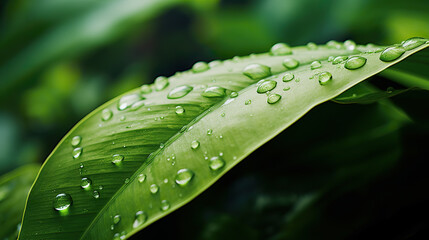 Naklejka premium Close up pictre of water drops on a on a green leaf.