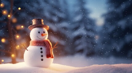  a snowman with a hat, scarf and scarf around his neck standing in the snow with a christmas tree in the background.