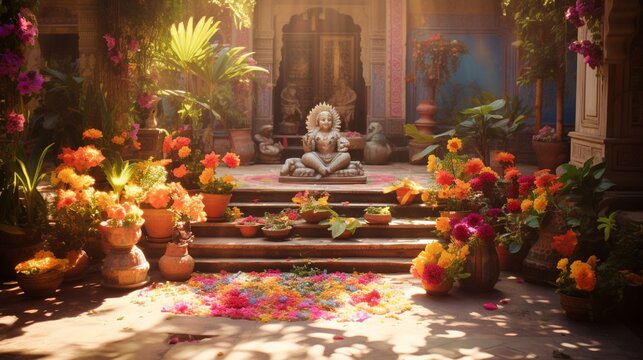 A sun-drenched courtyard with Krishna figurines amidst a profusion of colorful flowers and rangoli patterns.