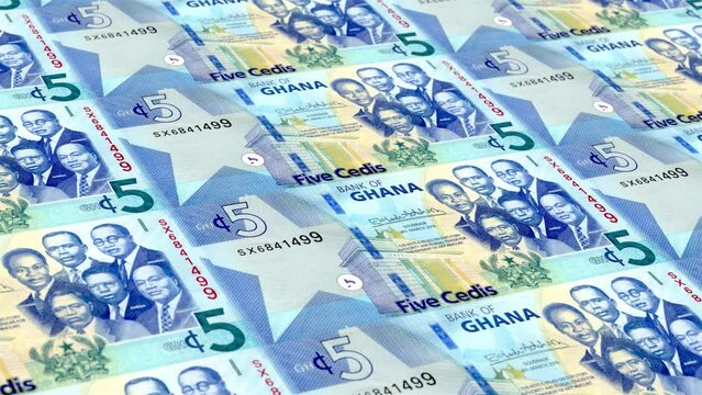 Ghana Ghanaian Cedi 5 Banknotes Money Printing House, Printing Five Ghanaian Cedi, Printing Press Machine Print out Ghanaian Cedi, Being printed by currency press machine 5