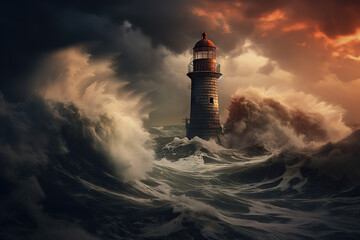 Fototapeta na wymiar photo of a lighthouse, rough winter stormy weather with breaking waves