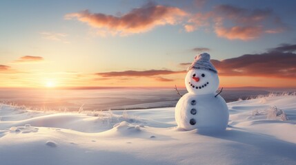 Obraz premium a snowman is standing in the middle of a snowy field at sunset with the sun in the distance and clouds in the sky.