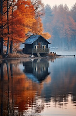 Fototapeta na wymiar Scenery view of a lake house in autumn. Amazing fall colours. foggy morning 