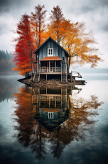 Obraz premium Scenery view of a lake house in autumn. Amazing fall colours. foggy morning 