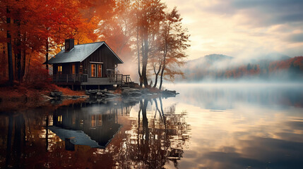 Fototapeta premium Scenery view of a lake house in autumn. Amazing fall colours. foggy morning 