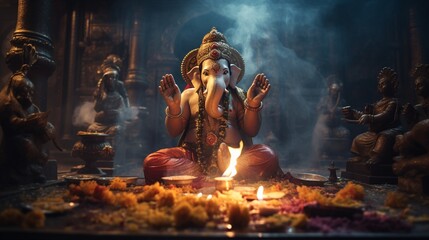 A temple priest performing a ceremonial aarti with a beautifully decorated Ganesh idol, surrounded by fragrant incense smoke.