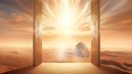 Door to heaven. Glowing desert and mountains.