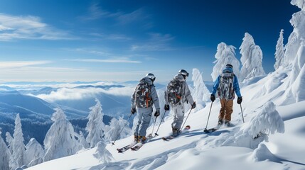 A group of climbers, in full equipment, standing on the top of a snow-capped mountain. Concept: Skiing, family vacation in snow-capped mountains, winter resort on an alpine slope, recreational ski ori - obrazy, fototapety, plakaty