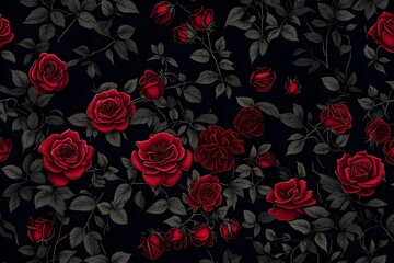 red roses background, Amidst the dense, mysterious forest, a dark and moody wild rose bush creates a captivating background wallpaper - obrazy, fototapety, plakaty