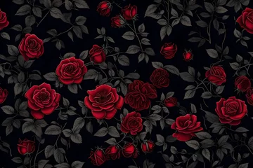 Fotobehang red roses background, Amidst the dense, mysterious forest, a dark and moody wild rose bush creates a captivating background wallpaper © SANA