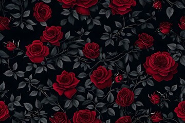 seamless pattern with red roses, Amidst the dense, mysterious forest, a dark and moody wild rose...