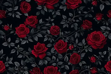 Tuinposter seamless pattern with red roses, Amidst the dense, mysterious forest, a dark and moody wild rose bush creates a captivating background wallpaper © SANA