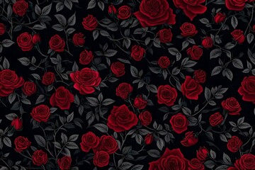 seamless pattern with red roses, Amidst the dense, mysterious forest, a dark and moody wild rose bush creates a captivating background wallpaper